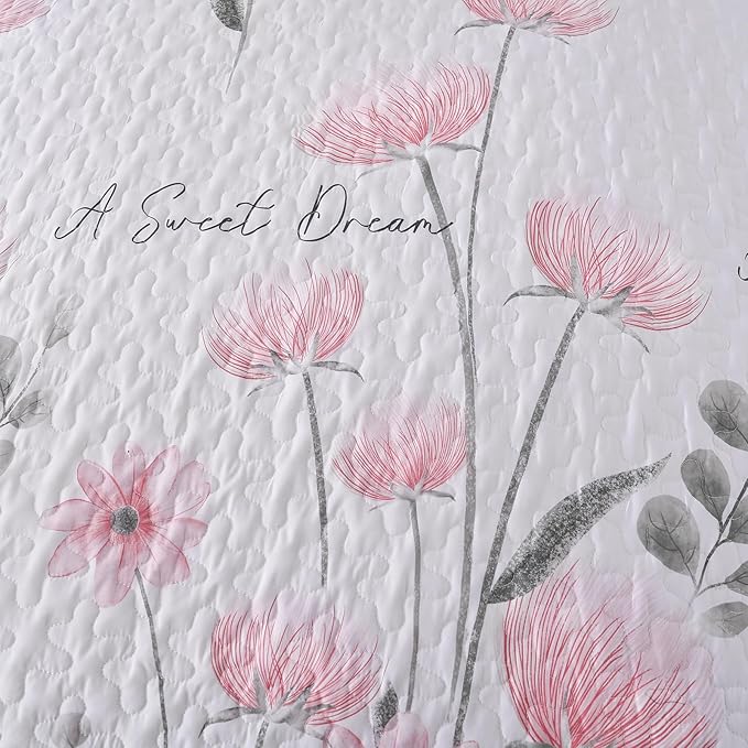 Dinjoy Quilt Set Full Size Pink, Floral Bedspread Set 3 Pieces Reversible Summer Bedding Set Microfiber Lightweight Bedspread Coverlet Farmhouse Set for Women Girls 78"x90"