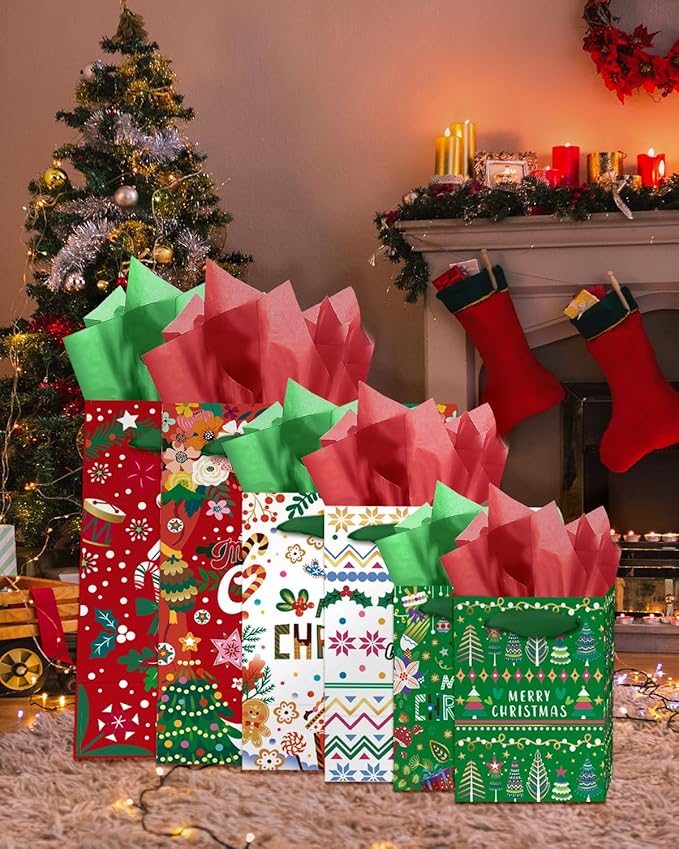 qiqee Christmas Gift Bags Assorted Variety Size Red Green Puppet Design Holiday Tissue Paper Bag Set of 10( 2PCS Large 5.5"x10.2"x13", 4PCS Medium 4.3"x 7.7"x 9.6", 4PCS Small 2.4"x 4.7"x 6.3", 30PCS Tissue Paper)
