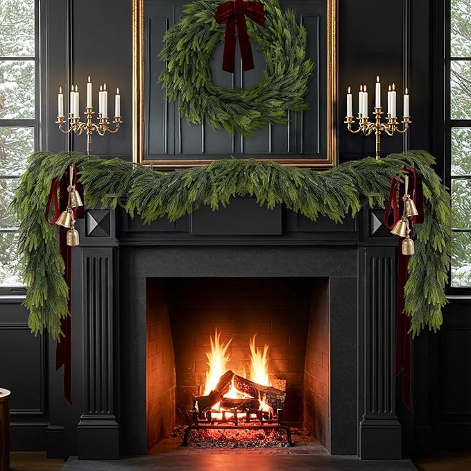 N&T NIETING 9FT Christmas Norfolk Pine Garland Real Touch Pine Artificial Garlands Faux Greenery Garland Winter Christmas Garland for Table Mantle Fireplace Indoor Outdoor Xmas Decorations (6 Pcs)
