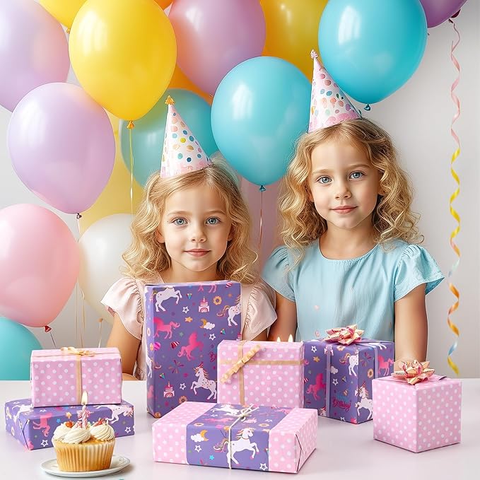 WERNNSAI Unicorn Princess Birthday Wrapping Paper Roll - 1 Roll 17”x 9.84 ft Purple Unicorn Wrapping Paper for Girls Princess Theme Birthday Gift Packing Supply Baby Shower Decor Favor