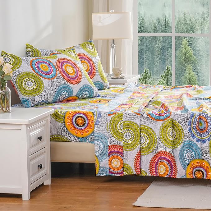 Bedlifes Full Sheet Set Ultra Soft, Breathable, Silky Flower Deep Pocket 100% Microfiber Bedding, 4 Piece Full Size Mandala Patterned