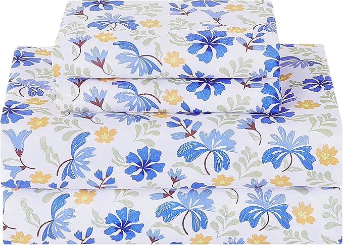 Softan Vintage Blue Floral Queen Bed Sheets, Cozy Microfiber Flower Printed Sheets with 15" Deep Pocket Fitted Sheet & Non-Slip Straps, Patterned Floral in Blue & Amber Sheets & Pillowcase Set