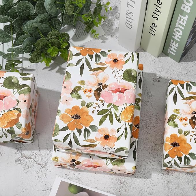 JarThenaAMCS Boho Floral Wrapping Paper Roll 16.9 In x 32.8Ft Spring Flower Gift Wrap Paper Watercolor Decorative Art Paper for Wedding Baby Shower Birthday Gift Packing Supplies