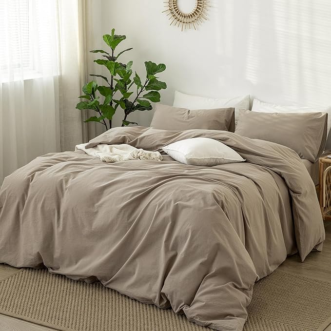 MooMee Bedding Duvet Cover Set 100% Washed Cotton Linen Like Textured Breathable Durable Soft Comfy (Solid Mocha Brown, Super King Plus 120"x120")