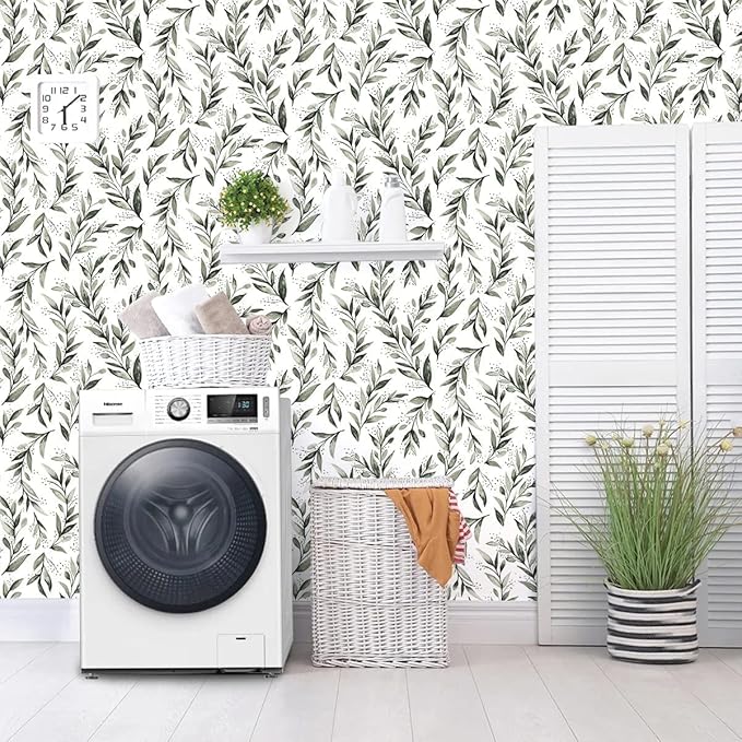Erfoni Leaf Peel and Stick Wallpaper Dark Green Contact Paper 17.7inch x 236.2inch Greenery Eucalyptus Wallpaper Peel and Stick Leaves Plant Self Adhesive Wall Paper for Laundry Room Walls Decor