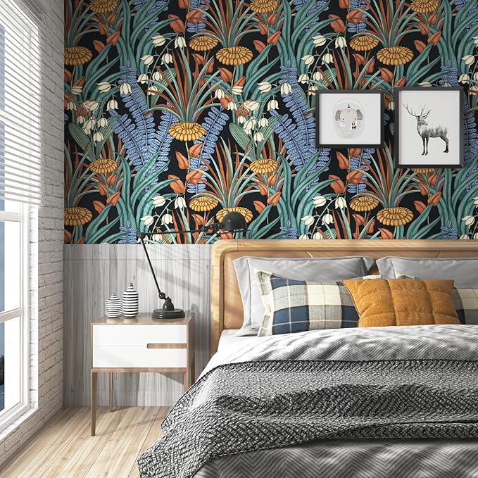 Boho Floral Peel and Stick Wallpaper Tropical Leaf Contact Paper,Vintage Botanical Flower Wall Paper, Self Adhesive Wall Mural 17.5" x 393" for Bedroom Cabinet Countertop Decor (Black, Orange, Blue)