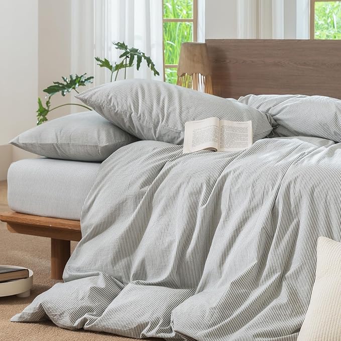 MooMee Striped Duvet Cover Set 100% Washed Cotton Linen Like Textured Breathable Durable Soft Comfy (Heathered Green Pinstripes, Full 80"x90")