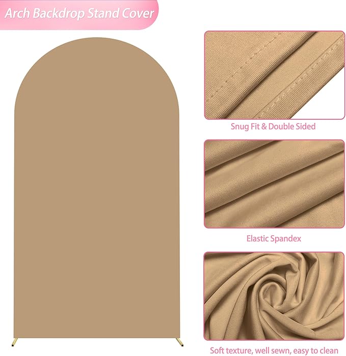 Wokceer 7.2FT Wedding Arch Cover Spandex Fitted Wedding Arch Stand Covers Round Top Chiara Arch Backdrop Cover for Birthday Party Ceremony Banquet Decoration Khaki