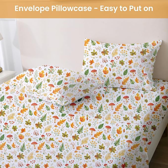 Softan Orange Floral Twin Size Sheet Set, 3-Piece Printed Microfiber Fitted Sheet with 15" Deep Pockets & Non-Slip Straps, Maple Leaves & Mushroom Patterned Bedding Sheets & Pillowcase Set