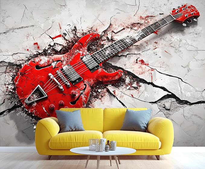 Red Electric Guitar Wall Mural, Grunge Style Guitar 3D Wall Murals, Rock Music 3D Explosion Wallpaper Mural, for Living Room Bedroom Large Wallpaper Indoor Decor 177.16" W x120 H