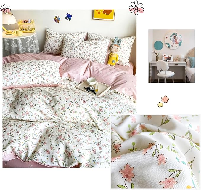 HIGHBUY Soft Cotton White Duvet Cover Queen with Pink Floral Print,Garden Style Botanical Comforter Zipper Closure,Cottagecore Set -1 Cover,2 Pillowcases, Queen(90''x90''), (HB03641Q)