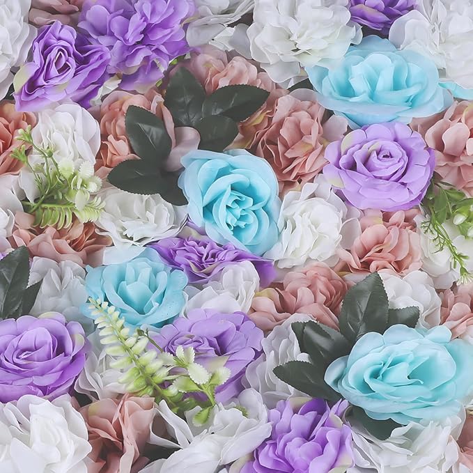 12PCS Flower Wall Panels, 3D Silk Floral Wall Backdrop, Realistic Purple Rose Flower Backplanes, Roll Up Fake Flower Background for Valentines Wedding Party Home Decoration