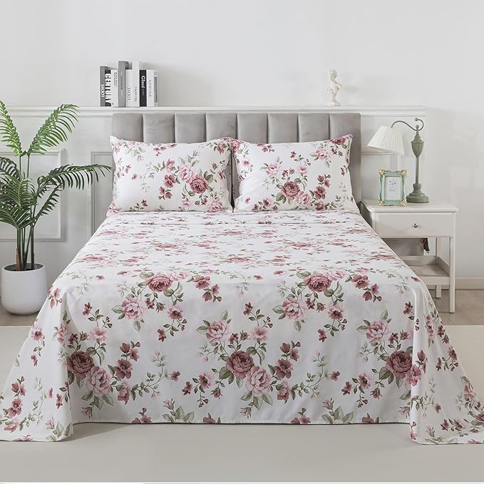 FADFAY Beige Vintage Floral Twin Size Sheets Set Premium 100% Cotton Shabby Brick Red Rose Pattern Bedding Set Deep Pocket Sheets with 2 Pillowcases Luxury Breathable Soft 4Pcs, Twin Size