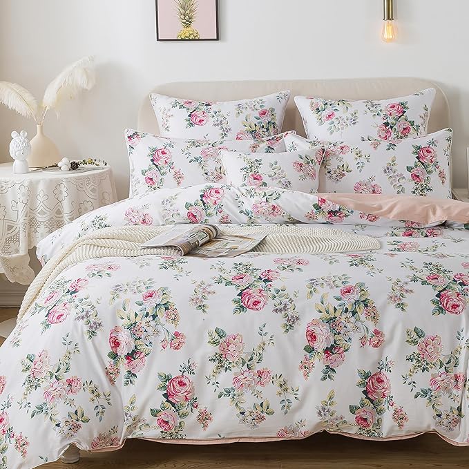 FADFAY Duvet Cover Set Queen Pink Rose Floral Bedding Shabby Peony Flower Quilt Cover Set Vintage Farmhouse Bedding 100% Cotton Soft Comforter Cover Set with Hidden Zipper Closure 3Pcs, Queen Size