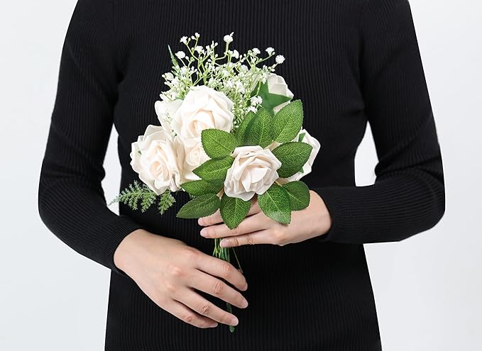 60Pcs Artificial Rose Flowers, Real Looking Fake Roses for Decorations, Foam Rose Bulk with Stems for DIY Wedding Bouquets Floral Arrangements Bridal Shower Party Home Decor (60, Champagne)