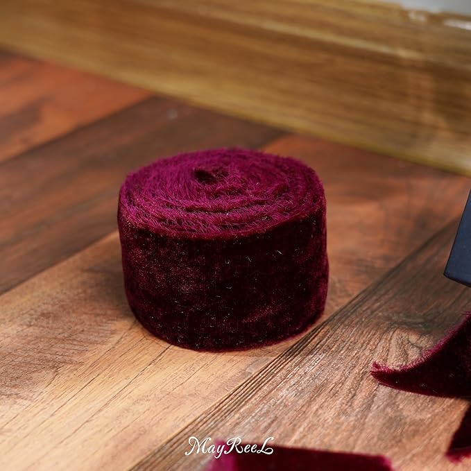 MAYREEL Burgundy Velvet Ribbon 2 Inch Hand Torn Maroon Frayed Edge Silk Ribbon for Bridal Bouquets Invitations Wedding Vow Books Gift Baskets Hair Bows 3 Yards
