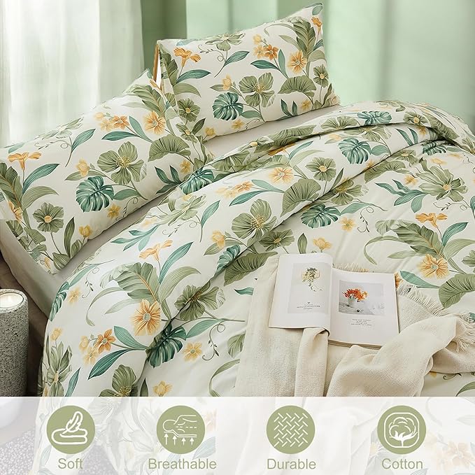 Green Floral Comforter Set King 100% Cotton Garden Style Bedding Flower Leaf Botanical Bed Chic Boho Home Decor