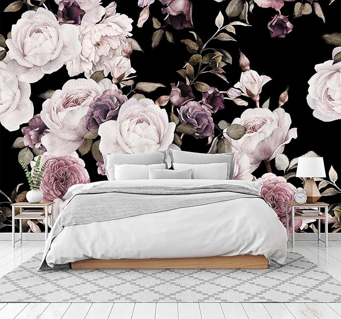 Cliouar-Peony Flowers Wall Mural - Purple Flower Wallpaper, Rose Mural Peel and Stick 137" x 102"