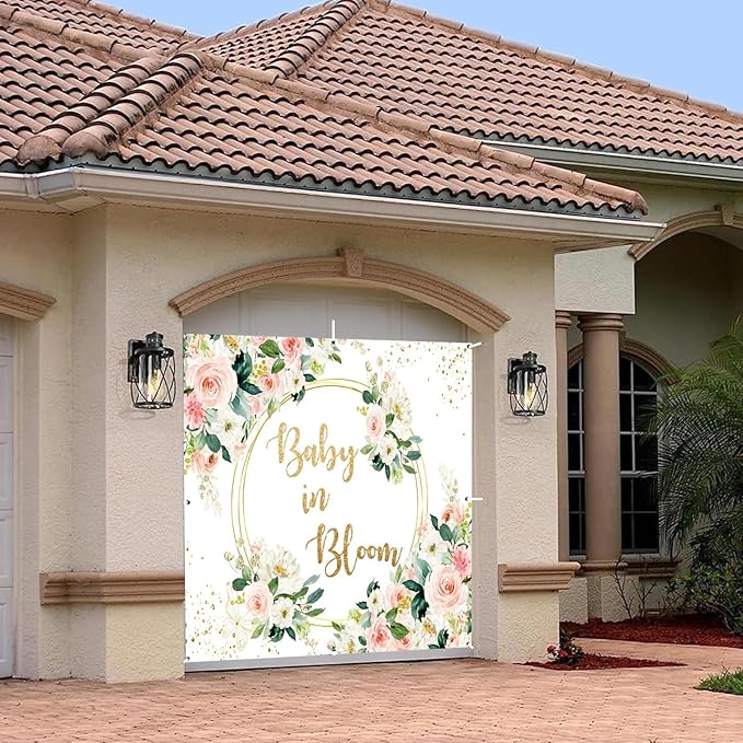 Baby in Bloom Baby Shower Garage Door Cover Banner Decorations Backdrop 7x8ft Pink Boho Floral Golden Loop Garage Door Backdrop Baby Shower Cake Table Outdoor Garage Door Banner Decorations
