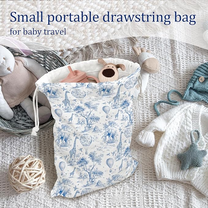 DSHFG Blue Safari Toile Chinoiserie Birthday Drawstring Gift Wrap Bags, Chinoiserie Animal Baby Shower Drawstring Gift Bags Canvas, Blue and White Small Happy Birthday Bag, Gifts for Women, 10x13 Inch