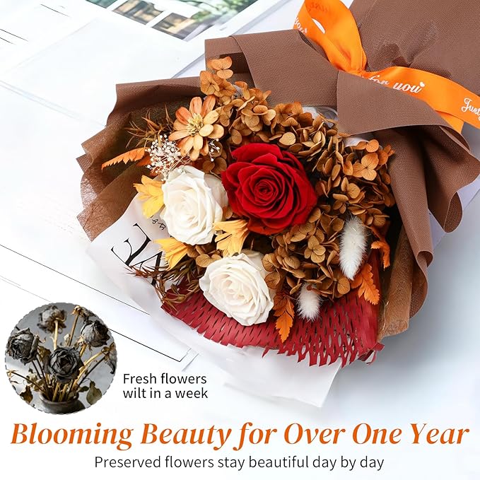 Lewondr Flower for Delivery, Preserved Flowers Bouquet, White Roses Bouquet, Real Long-Lasting Forever Birthday Flowers Gifts for Her Best Friend Mothers Day Christmas Graduation, White-Orange