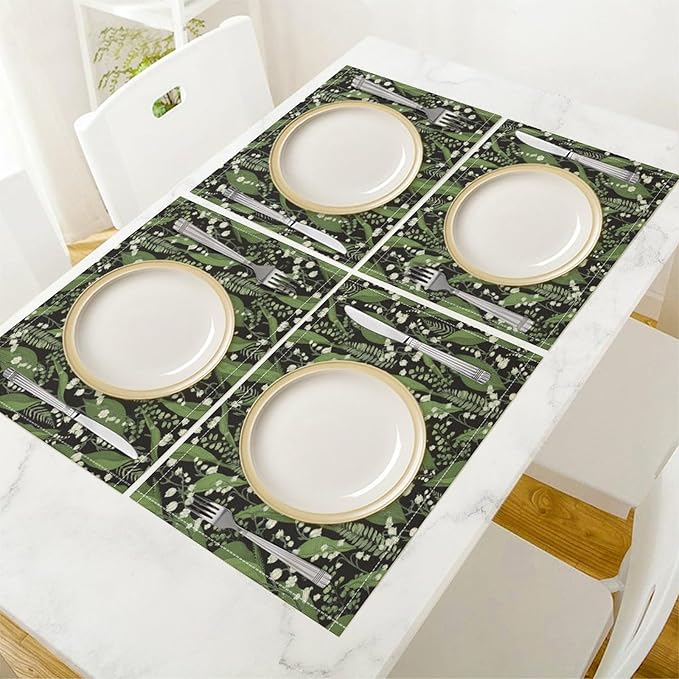 Vintage Botanical Placemats Set of 6, 17x12 Inch Retro Nature Plant Exotic Green Leaves Wildflower Table Mats for Home Party Kitchen Dining Decor