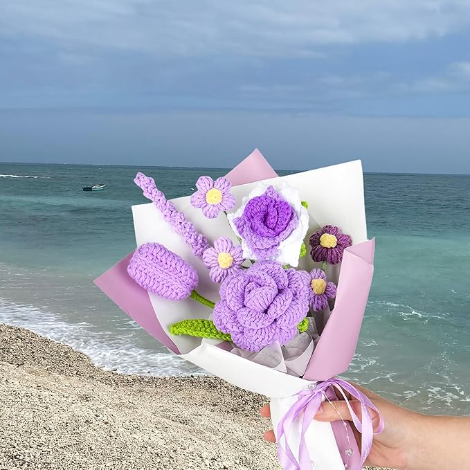 Crochet Flower Bouquet, Crochet Flowers Purple Tulip Rose Handmade Knitted Bouquet for Birthday Graduation Wedding Gift for Women Girlfriend Lover Wife Decor (Purple)