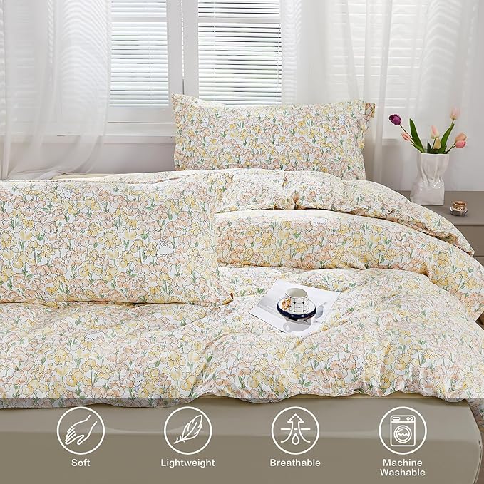 SAPHREAS King Orange Iris Floral Duvet Cover Botanical Floral Leaves Pattern Comforter Set Cute Bear Duvet Cover Lightweight Soft Microfiber 3pcs 1 Duvet Cover 2 Pillow Shams