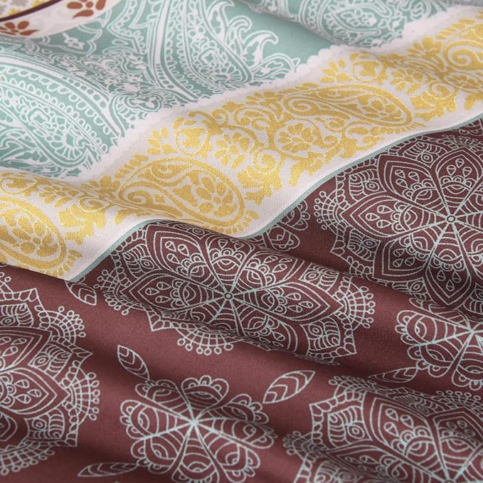 Cottolester Boho Comforter Set Queen Size,8 Pieces Red and Orange Bohemian Striped Bed in a Bag,Paisley Soft Microfiber Bedding Comforter Set