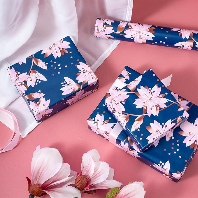 LeZakaa Floral Wrapping Paper Roll, Pink Sakura Blossoms Design for Wedding, Bridal Shower, Anniversary, Mother's Day, Birthday, Spring Holiday, Mini Roll, 17 In x 32.8 Ft