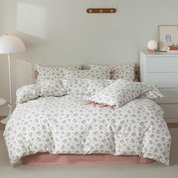 VM VOUGEMARKET Pink Flower Comforter Set Full Girl's Cute Floral Bedding Comforter Sets,Vintage Farmhouse Comforter with 2 Pillowcases for All Seasons(3pcs,Full)