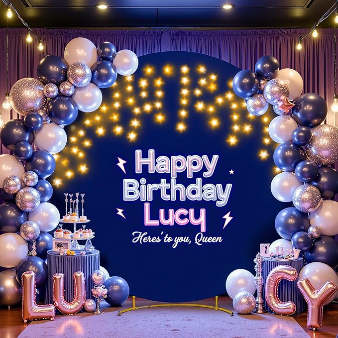 7.2 FT Navy Blue Round Backdrop Cover with Lights String for Circle Arch Stand Circle Backdrop Covers with LED Fairy Lights for Wedding Arch Baby Shower Birthday Party Photo Photography Background