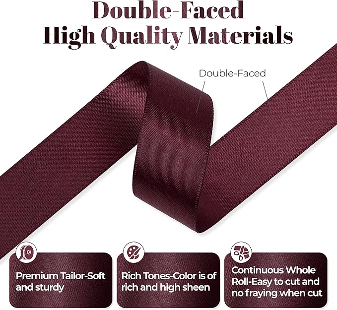 Burgundy Satin Ribbon, Double Faced 7/8 Inch X 50 Yards Burgundy Ribbon, Premium Satin Ribbon for Gift Wrapping, Crafts, Hair Bow Making, Sewing, Flower Bouquet, Wedding Party Decor