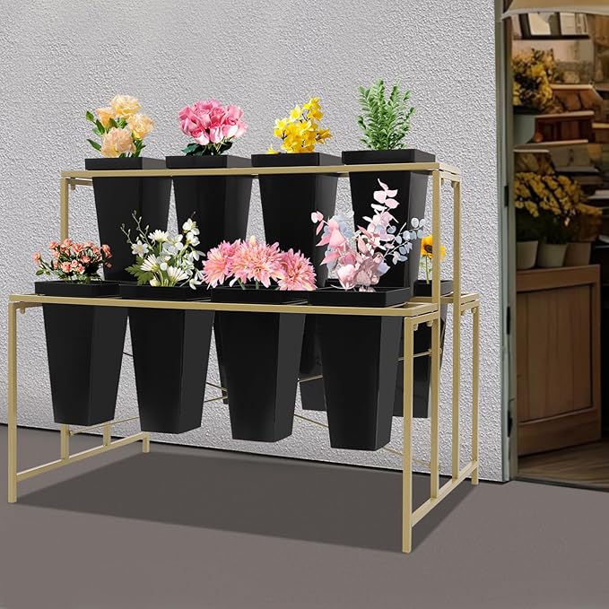 Flower Display Stand with 12 Pcs Buckets 3 Layers Metal Plant Stand Plant Cart Shelf Flower Bucket Rack Stand for Indoor Florist Garden Patio (Gold Stand-Black Square Buckets)