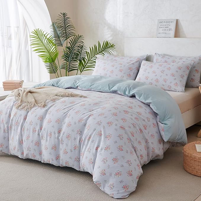 Queen Size Floral Comforter Soft 3 Pieces Chic Crinkle Gauze Fabric Garden Style Flower Print Botanical Comforter for All Seasons Luxury Warmth Comfy Breathable with 2 Pillowcases