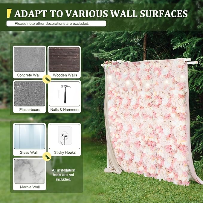 12 Pcs Artificial Flower Wall Panels, 24"x16" 3D Pink Silk Dahlia Hydrangea Rose Flowers Wall Backdrop Artificial Silk Fabric Flower Banquet Wedding Party Decor for Stage Background (Type 1)