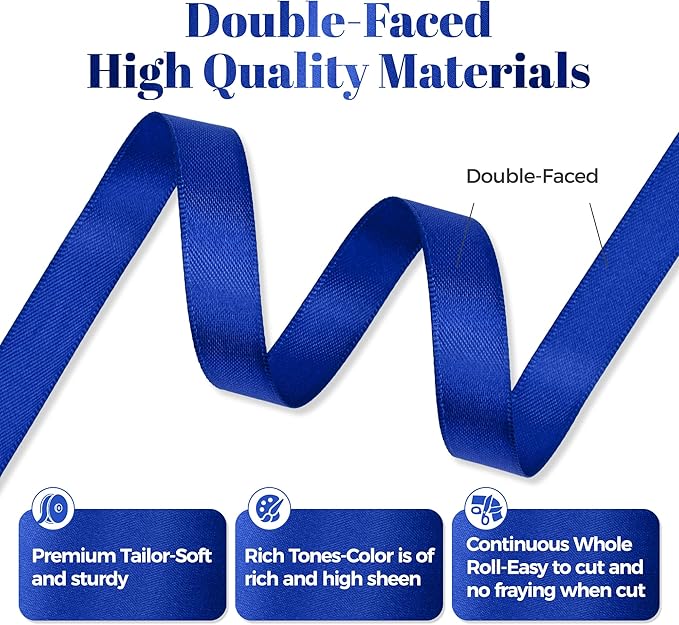 Royal Blue Satin Ribbon, Double Faced 1/2 Inch X 50 Yards Royal Blue Ribbon, Premium Satin Ribbon for Gift Wrapping, Crafts, Hair Bow Making, Sewing, Flower Bouquet, Wedding Party Decor