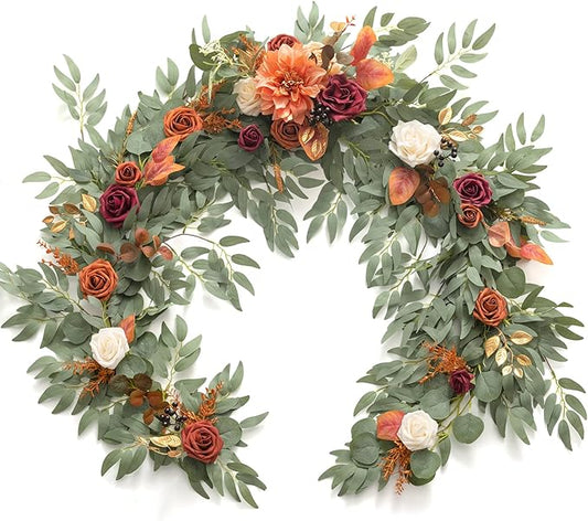 Ling's moment Terracotta Flower Garland - 6FT Eucalyptus & Rose - Sweetheart Table Decor for Wedding Reception, Fall Artificial Floral Garland for Mantle, Christmas Decoration, Burnt Orange