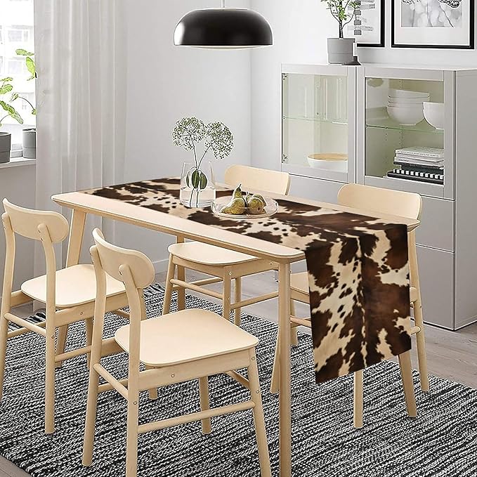 Cow Print Table Runner, Brown Cowhide Western Style Runner Country Farmhouse Cottage Patten Decoration for Home Kitchen Dining,13x120 Inch