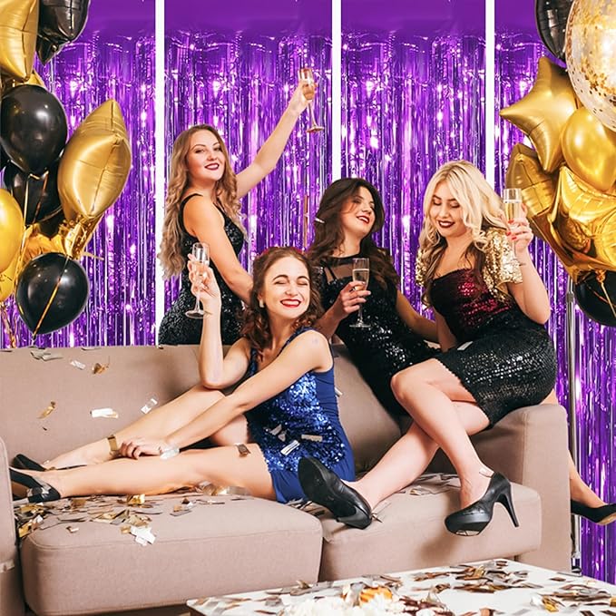 Keyali 4 Pack 3.3 * 8.3 ft Foil Curtain Metallic Tinsel Fringe Curtains Photo Booth Props Backdrop for Birthday Wedding Engagement Baby Shower Christmas Holiday Celebration Partyl,Purple