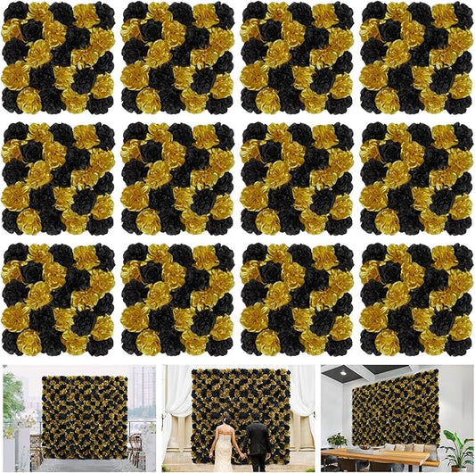 Artificial Flower Panels Rose Black Gold 15 * 15inch -12Pack 3D Floral Wall Backdrop for Party Stage Event Party Gothic Live Streaming Photography Anniversary Background Arrangement Decor