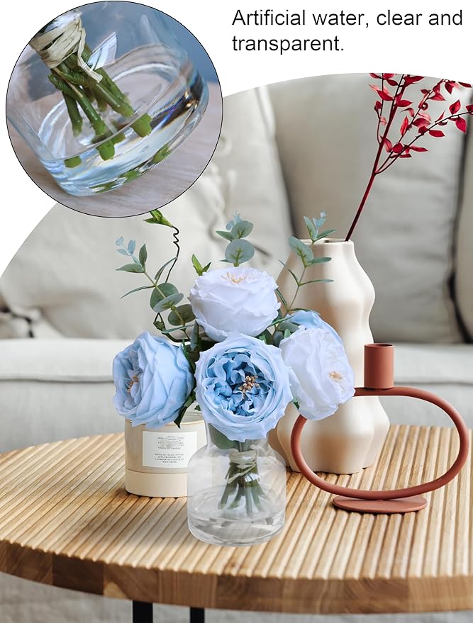 Forlaoers White Blue Roses Floral Artificial Flowers with Vase Silk Flower Arrangements in Fake Water Fake Flower Bouquet Centerpieces for Dining Center Table Decor Home Farmhouse Office Decorations