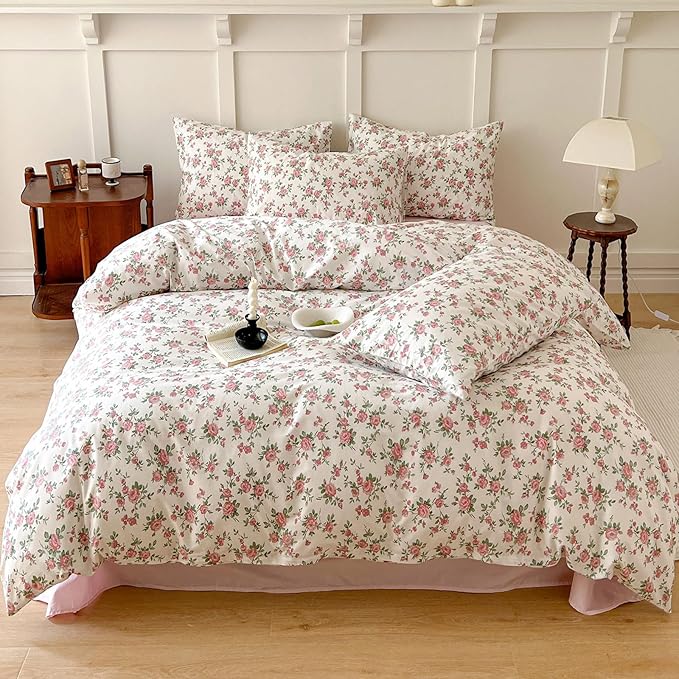 HIGHBUY Boho Floral Duvet Cover, Soft Cotton Aesthetic Pink Comforter Cover, Lightweight Soft Garden Style Bedding Set Zipper Closure Breathable (104 Inch x 90 Inch) HB03633-K