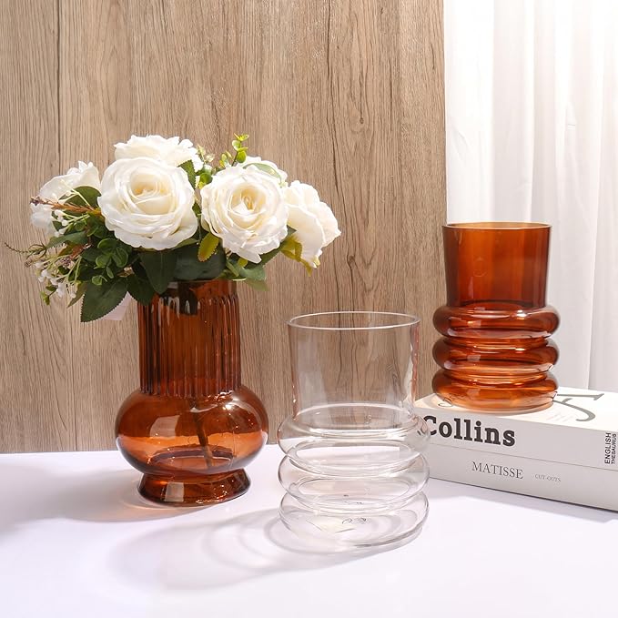 Clear Glass Flower Vase, 7" x 4.7" Thickened Hydroponic Flower Vase Transparent Modern Geometric Glass Vase for Home Living Room Wedding Centerpieces Office Table Decor