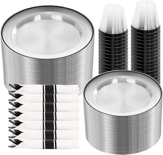 SUT 350 Pcs Black and Clear Plastic Dinnerware Set for 50 Guests, Include: 50 Dinner Plates, 50 Dessert Plates, 50 Pre Rolled Napkins With Silverware, 50 Cups, Disposable Plates for Party