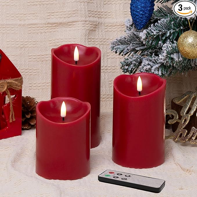 Eywamage Red Flameless LED Pillar Candles with Remote, Real Wax Flickering Christmas Candles Battery Operated Set of 3
