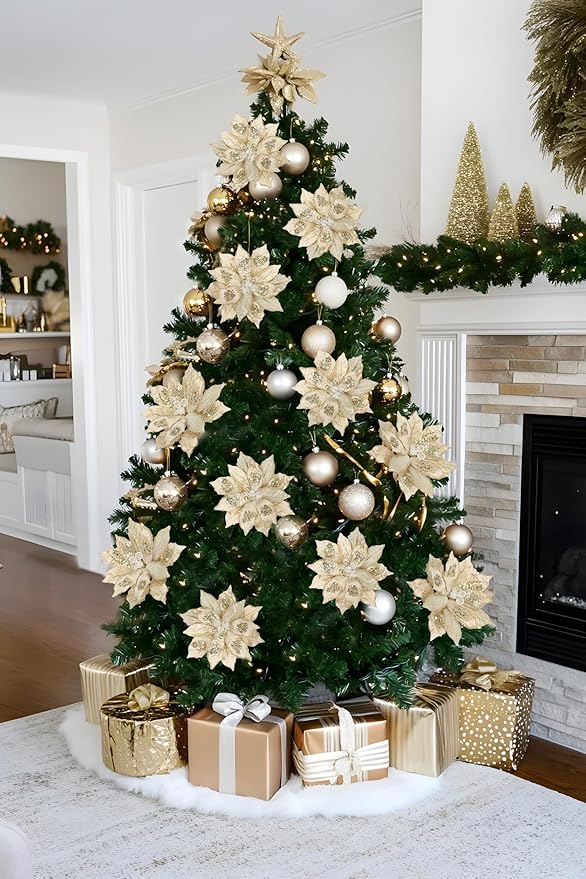 4 Pcs Poinsettia Artificial Christmas Flowers - 11.8" Christmas Flower Picks Large Champagne Gold Glitter Ornaments Silk Floral Stems for Xmas Tree Decoration Wreath Garland Fireplace Stairs Decor