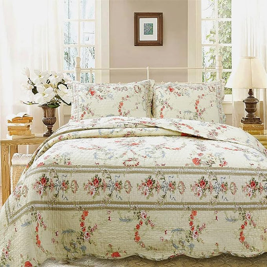 Cozy Line Home Fashions Khaki Cream Yellow Floral Blooming 100% Cotton Reversible Quilt Bedding Set Coverlet Bedspread (Rose Romance, Queen - 3 Piece)