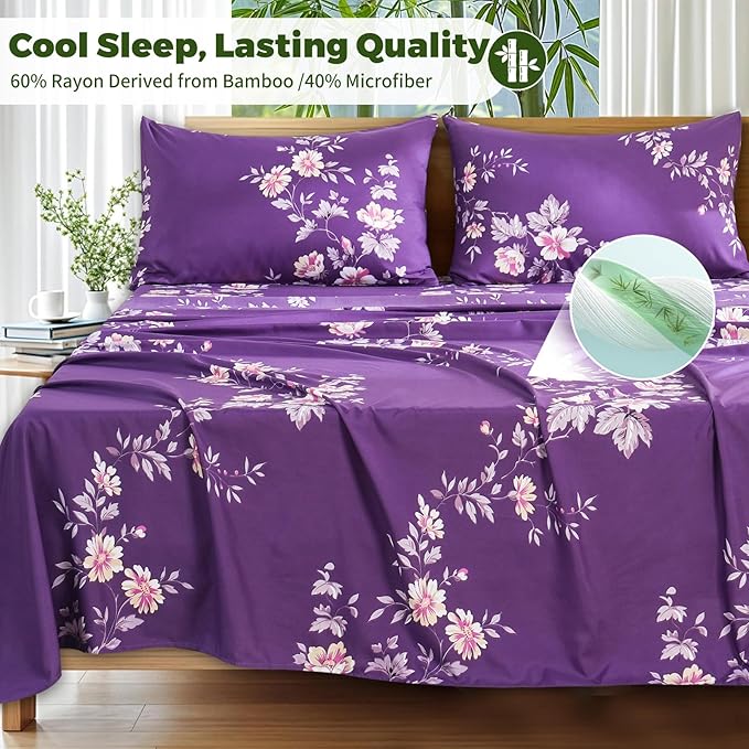 Bedlifes Extra Deep Pocket 18-24" Queen 4-Piece Sheet Set - Cooling Sheets Blend Rayon Derived from Bamboo Soft & Breathable,Featuring Dark Purple Floral