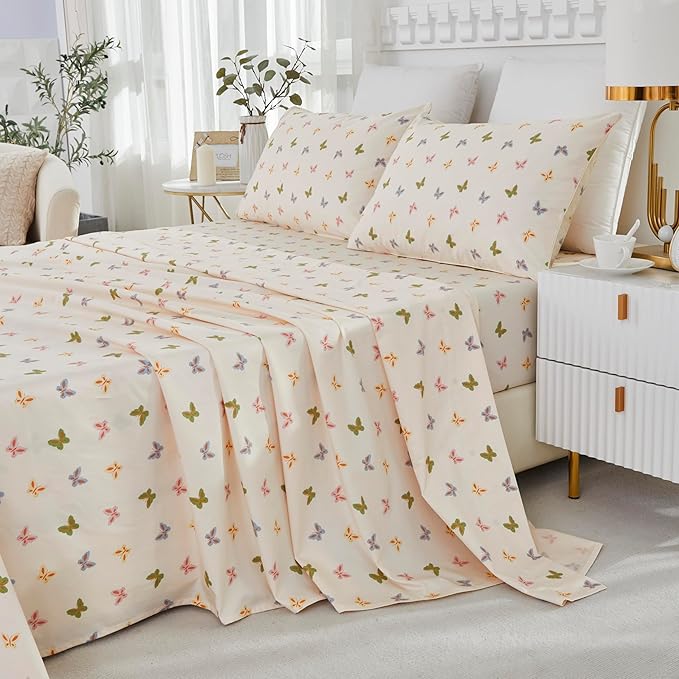 Brandream Sheet Set Butterfly Bed Sheets for King Size Bed, Women Girls Sheets Deep Pockets, Garden Butterfly Farmhouse Style 4 Pieces